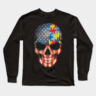 Autism American Flag Skull Long Sleeve T-Shirt